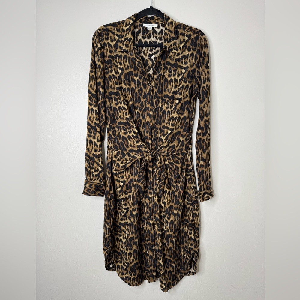 BeachLunchLounge Viscose Leopard Animal Print Tie Waist Button Down Shirt Dress